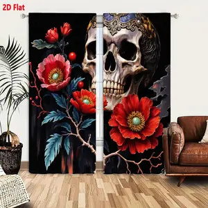 2D Flat Gothic Skull with Poppy Floral Curtain 2-Piece Set, Dark Black Background Decorative Golden-Brown Band Skull Patterned Curtains, Delicate Red Poppy Flowers & Gothic Macabre Style Window Drapes for Bedroom Living Room