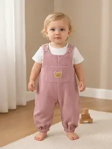 Baby's Cute Bear Patched Pocket Jumpsuit, Solid Sleeveless One Piece Outfit for Newborn Infant Babies, Baby Girl Clothes, Newborn Baby Clothes, Toddler Outfit