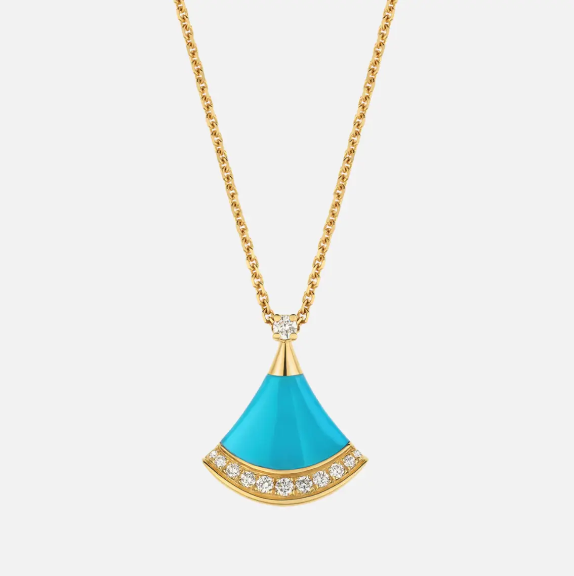 Pre-owned Bvlgari Divas' Dream 18 kt yellow gold necklace set with a turquoise element, a round brilliant cut diamond and pavé dias