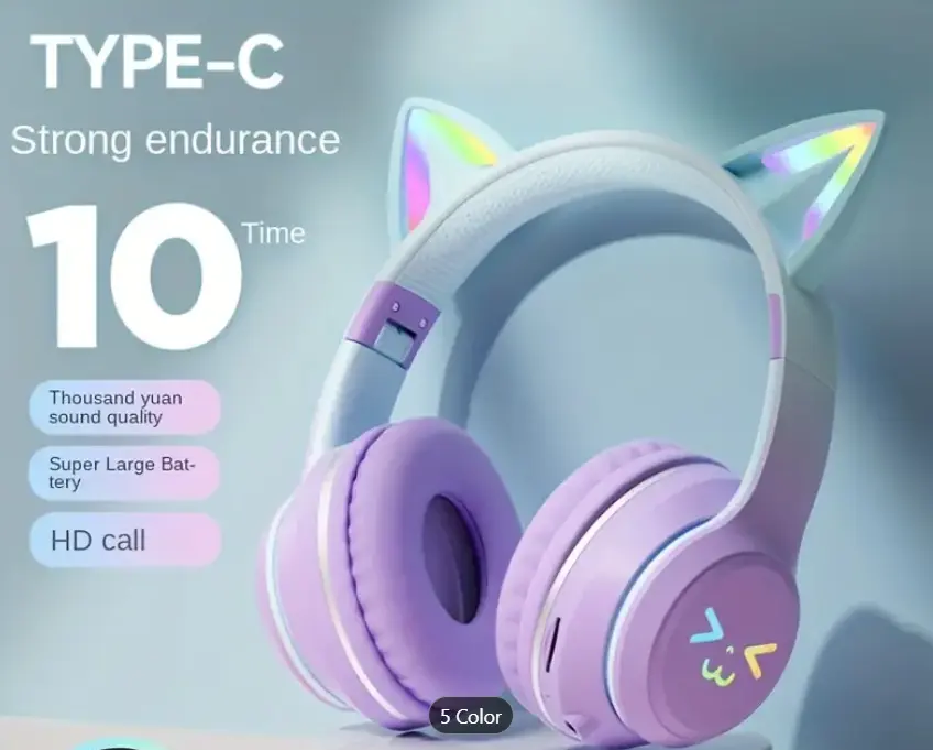 Color Changing Cat Ear Wireless Headband Earphones - Foldable and Trendy Music Headphones