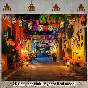 [Halloween] 1pc Extra Large Day of the Dead Party Banner Backdrop - Vibrant Mexican Folk Art Skull & Floral Design, Durable Polyester Photo Studio Props, Themed Events, Wall & Table Decor, Halloween Decorations Ornaments Flower