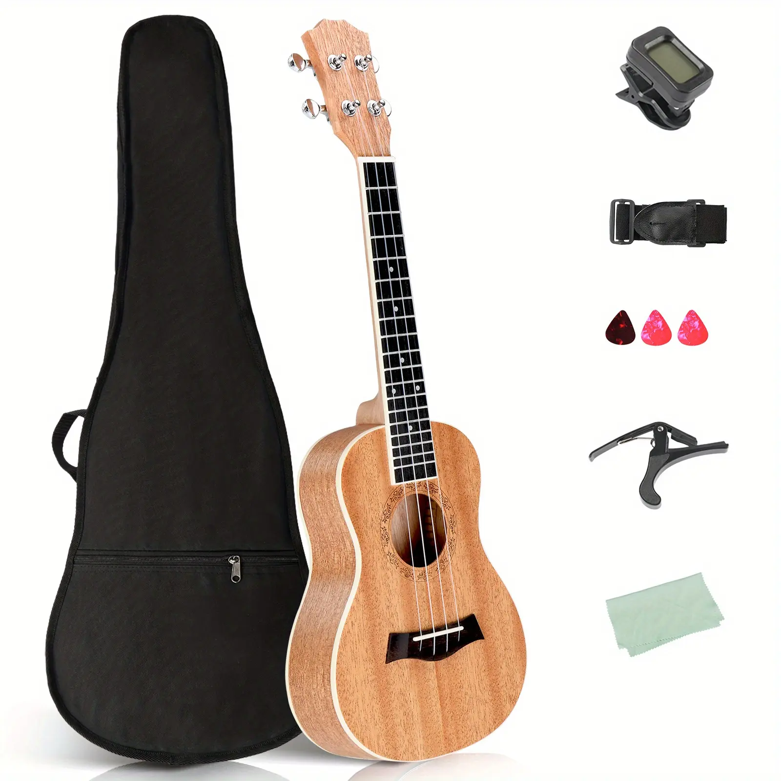 Beginner Level 23-in Mahogany Body Ukulele - Rosewood Fingerboard, 16 Frets, 44mm PVC Nut, Natural Wood Construction, Coffee-Themed Design