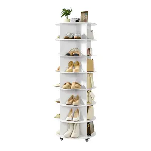 VEVOR 7 Tiers Rotating Shoe Rack Tower with Wheels, Movable 360° Spinning Carousel Display, Lazy Susan Organizer Closet Shelf for Living Room, Entryway, White