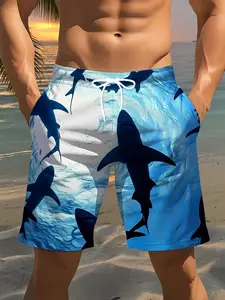 Men's stylish ocean shark print beach shorts, lightweight, comfortable, breathable, and versatile, perfect for summer casual wear.