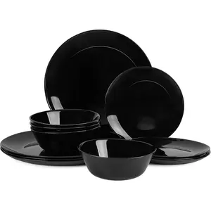 Dinnerware Sets for 4,  12 count Opal Glass Plates and Bowls Set, Dishwasher and Microwave Safe Dish Dinning Ware, Chip and Scratch Resistant Dishware Black