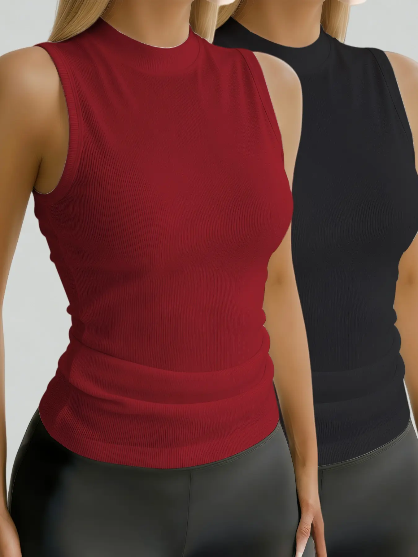 Two-Pack Women's Sporty Tank Tops, Plain High-Neck Sleeveless Fitted T-Shirts, Moisture-Wicking Breathable Ribbed Underwear, Ideal for Running & Fitness, Fitness Vest Top, Fitted Design Activewear