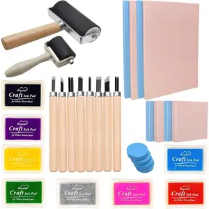 30PCS Rubber Block Stamp Carving Blocks with Cutter Tools and Rubber Brayer Roller for DIY Printmaking and More Crafts (Combo Pack)