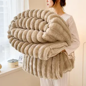 2026 New Style Wide Striped Rabbit Fleece Milk Fleece Multifunctional Blanket Soft Cozy Leisure Throw Warm Plush Sofa Throw Blanket Home Living Room Bed Bedding Blanket Comfortable Skin Friendly Nap Throw