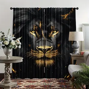 2-Piece set, Bohemian style abstract black and gold lion black print curtains, durable rod pocket design, suitable for bedroom, office, kitchen, living room and study home decoration, room decoration, Window Curtain