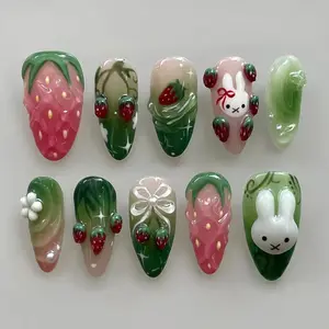 Ice Transparent Strawberry Bunny Flower Gradient Press-On Nails, Almond Fake Nails, Glossy Almond Shape, Medium Length, Party, Wedding, Daily Use, Handmade Press On