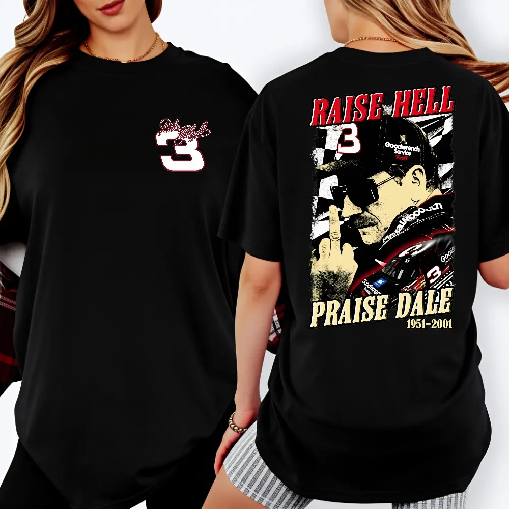 Vintage Racing Legend Inspired T-shirt, "Raise Hell Praise Dale" 1951-2001 Double-Sided Black Cotton Shirt for Fans