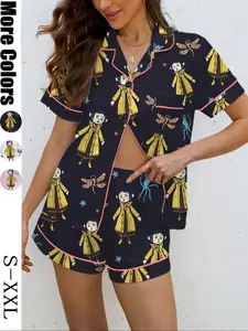 Halloween Bride Print Women's Pajama Set, Short Sleeve Shirt Collar Button Soft Top & Elastic Shorts, Casual Home Wear Loungewear