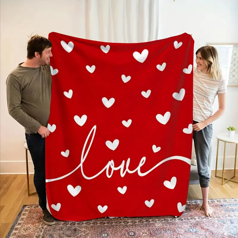Valentine's Day Heart Print Fluffy Cotton Blend Blanket - Lightweight Ultra-Soft Flannel Throw, Adorable Look Pink & Red Plush, Plush Finish Adds Cozy Visual Appeal, Ideal for Girlfriend, Suitable for Sofa & Bed, 2026 Home Decor