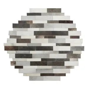 Handmade Round Cowhide Patchwork Rug With Strips Design