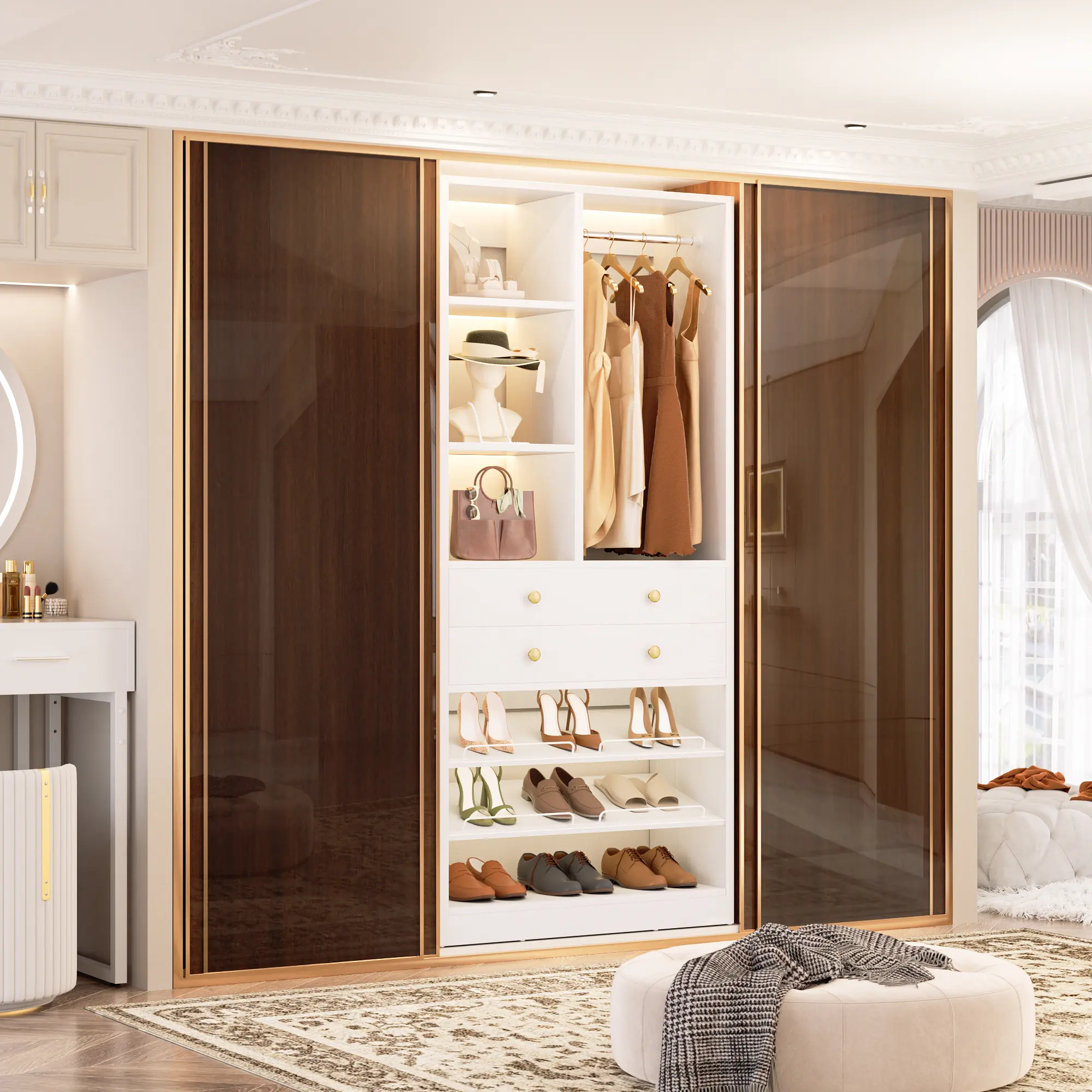 28'' W Freestanding Wardrobe Closet Armoire with Drawers, Hanging Rod, Adjustable 2-Tier Shoe Racks & Storage Shelves – Organizing Walk-In Closet Organization Solution