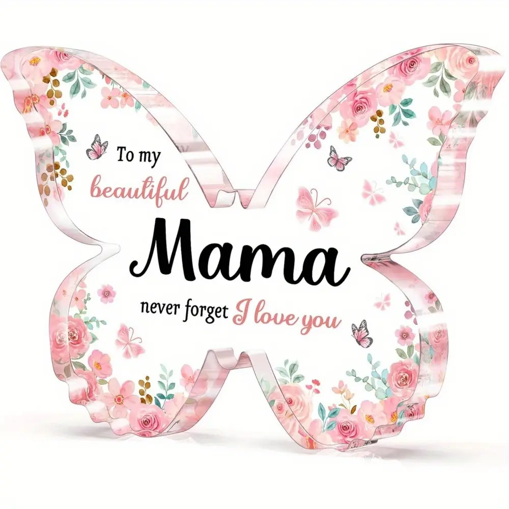 2D flat design, mother's gift - butterfly shaped acrylic plaque decoration with floral design, perfect Mother's Day or birthday gift, desktop decoration for women, wives, and mothers, butterfly decoration