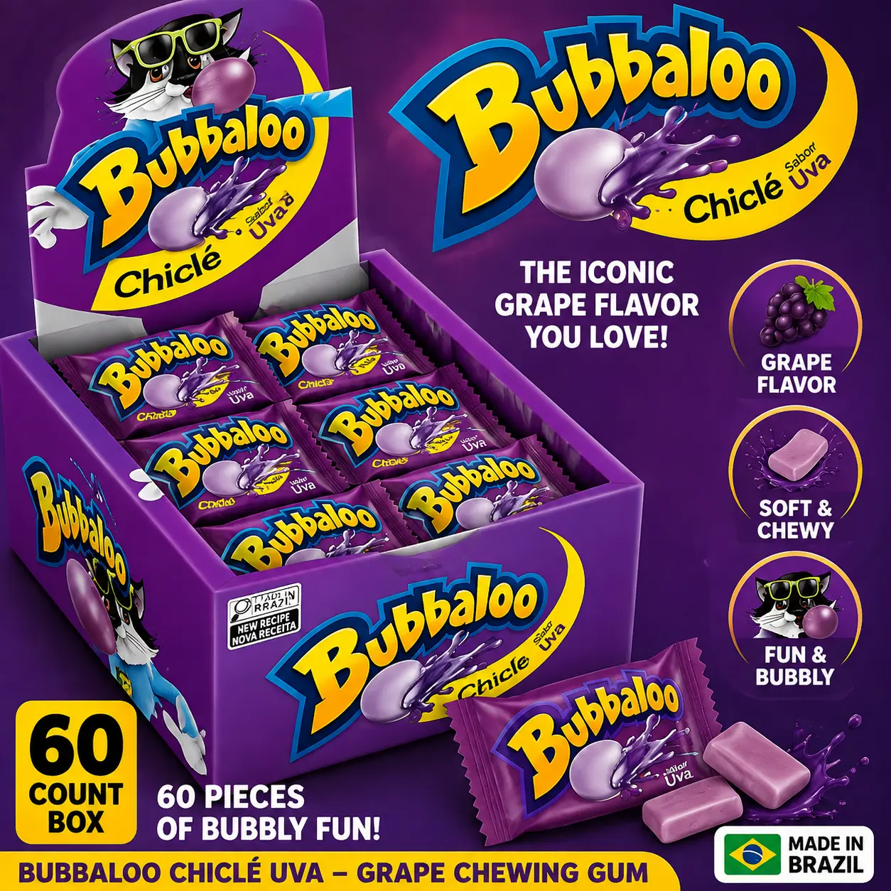 Bubbaloo Brazil Import Chicle Grape Chewing Gum 60 Count Box Filled Bubble Gum Candy Bubbaloo Brazil Import Chicle Grape Chewing Gum 60 Count Box Filled Bubble Gum Candy