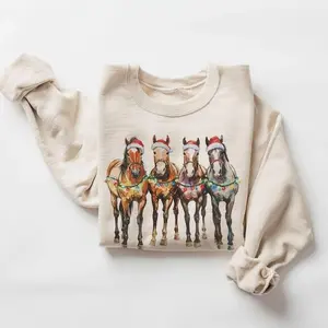 Retro Santa Hat Horses Christmas Sweatshirt - 90s Christmas Lights Equestrian Horse Lover Sweater - Boho Unisex Cotton