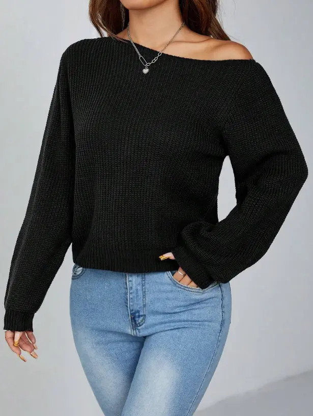 LUNA LAYER Petite Womens Asymmetrical Neck Off Shoulder Ribbed Knit Long Sleeve Sweater Black
