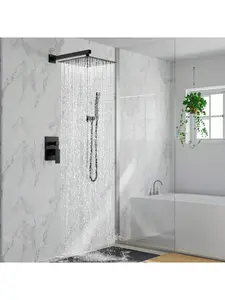 Wall-Mounted Bathroom Faucet Kit, 10/12-Inch Rainfall Head with Handheld Combo, Fixtures with Pressure-Balanced Valve, Matte Black/Brushed Nickel, Shower Kit