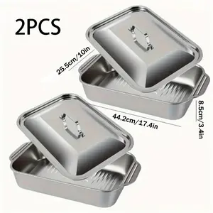 2 Sets of Stainless Steel Baking Pans with Lids - Non-stick rectangular roasting pan, versatile dessert baking dish, double-handled grill rack, seafood tray, all-in-one BBQ serving platter suitable for buffets. Features dual-handle design.