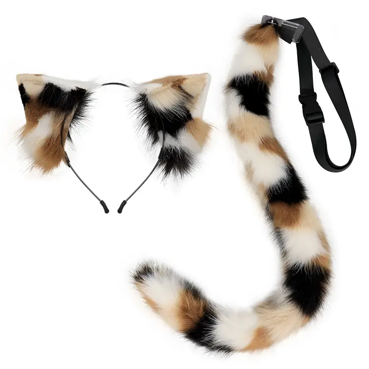 2PCS Cat Ears Tail Set Plush Furry Cosplay Costume Kit Soft Headband Tail for Halloween Party Festival