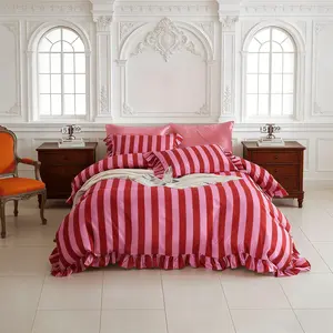 3-Piece Striped Ruffled Printed Bedding Set, Decorative Bedding Set, Soft Comfortable Duvet Cover & Pillowcases, Ideal for Bedroom Guest Room Decor