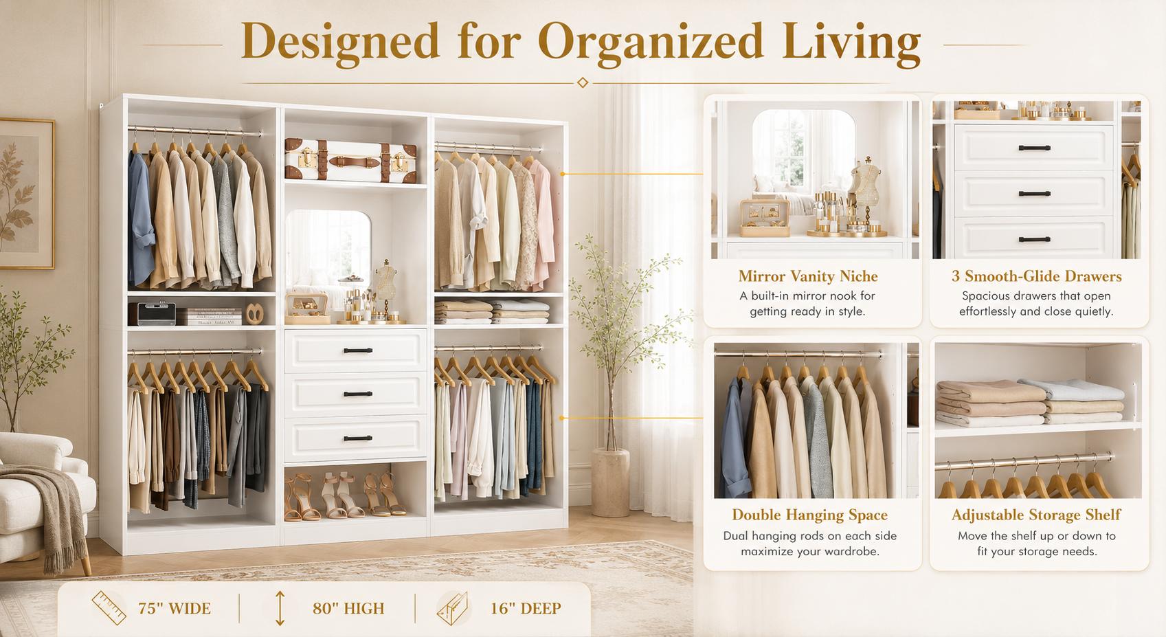 Homieasy 75" Modular Closet Organizer System with Mirror & Drawers, 3-in-1 Freestanding Wardrobe Tower with Adjustable Shelves & Hanging Rods, Heavy-Duty Bedroom Storage for Walk-in Closets