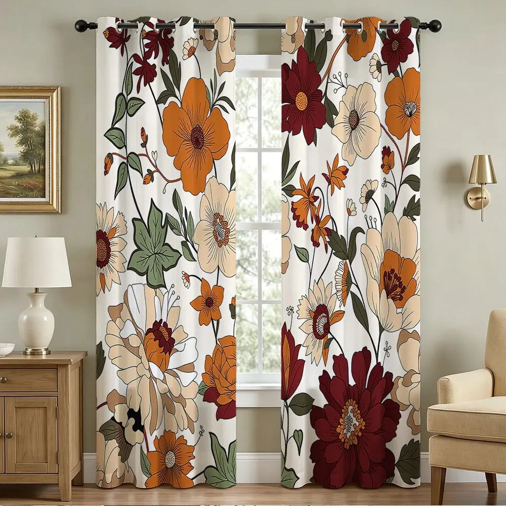 Colorful Floral Blackout Curtains, Boho Retro Groovy Hippie Funky Flowers Room Darkening, Modern Art Bedroom Living Room Decor Home Decoration Curtain Grommet Window Curtain Panels Window Drapes 2 Panel