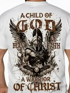 Men's T-Shirt, Christian Warrior Graphic Tee, 'Child of God for Man of Faith Warrior of Christ' Print, Ancient Armor Soldier with Wings Design, Spiritual Warfare Motif,Casual Summer Tops for Men