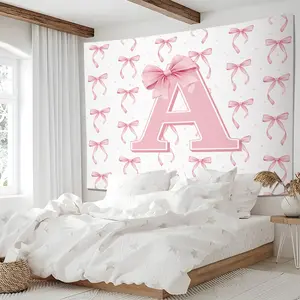 Coquette Pink Bow Initial A HD Digital Print Tapestry, Girly Ribbon Bow Tapestries, Sweet Aesthetic Soft Fabric Wall Hanging, Perfect for Bedroom, Living Room, Dorm, Photo Background, Great Gift for Letter Bow Lovers