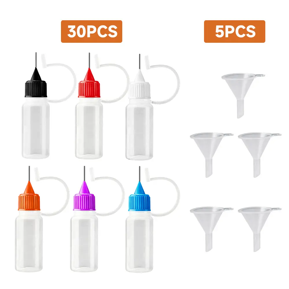 10ml Polyethylene Precision Applicator Bottle Set (30 Needle-Tip Squeeze Bottles + 5 Mini Funnels) - Easy-to-Carry Crafting Supplies, Glue Dispensers for Acrylic Painting, Paper Craft (Automotive Interior Decoration Compatible)