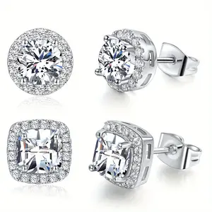 2 Pairs Cubic Zirconia Stud Earrings for Women Men, Christmas New Year Style Round Square Cubic Zirconia Halo Earrings Set, Wedding Bride Bridesmaid Holiday Birthday Party Festival Anniversary Valentine'S Day Mother'S Day Thanksgiving Gift, Unisex