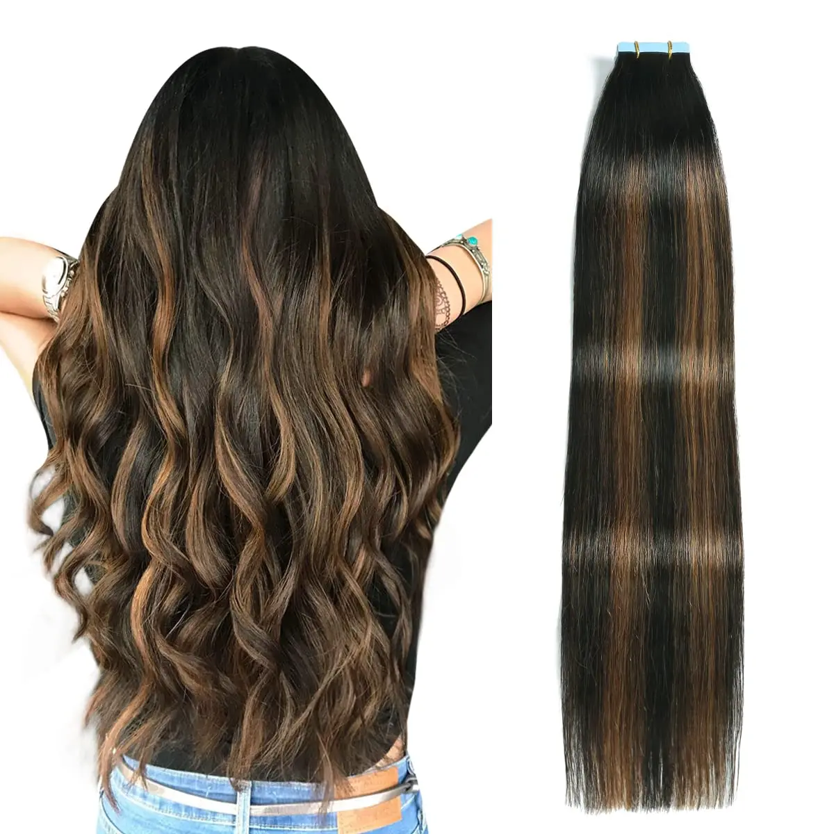 SUYYA Human Hair Tape-in Hair Extensions, Natural Straight - TikTok Shop Black Friday Deal #P4-27-T4、#P18-613
