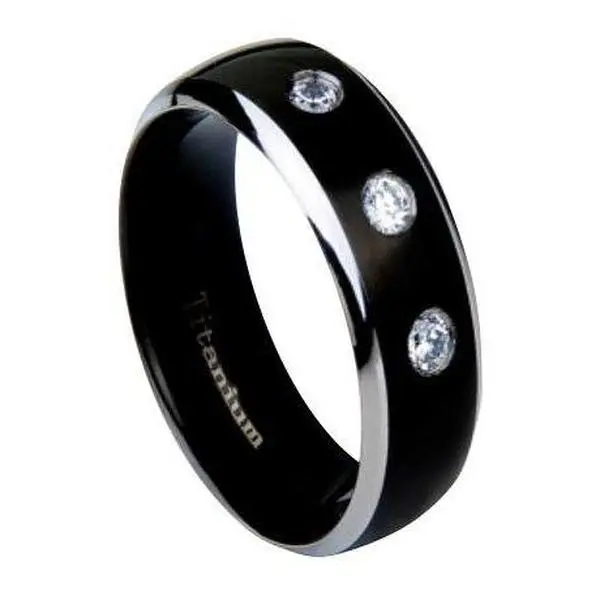 Men's Titanium Wedding Band with 3 CZs and Black IP Center | 8mm