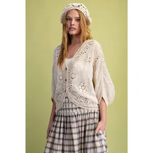 Natural Crochet Mix Button Front Duster by Easel