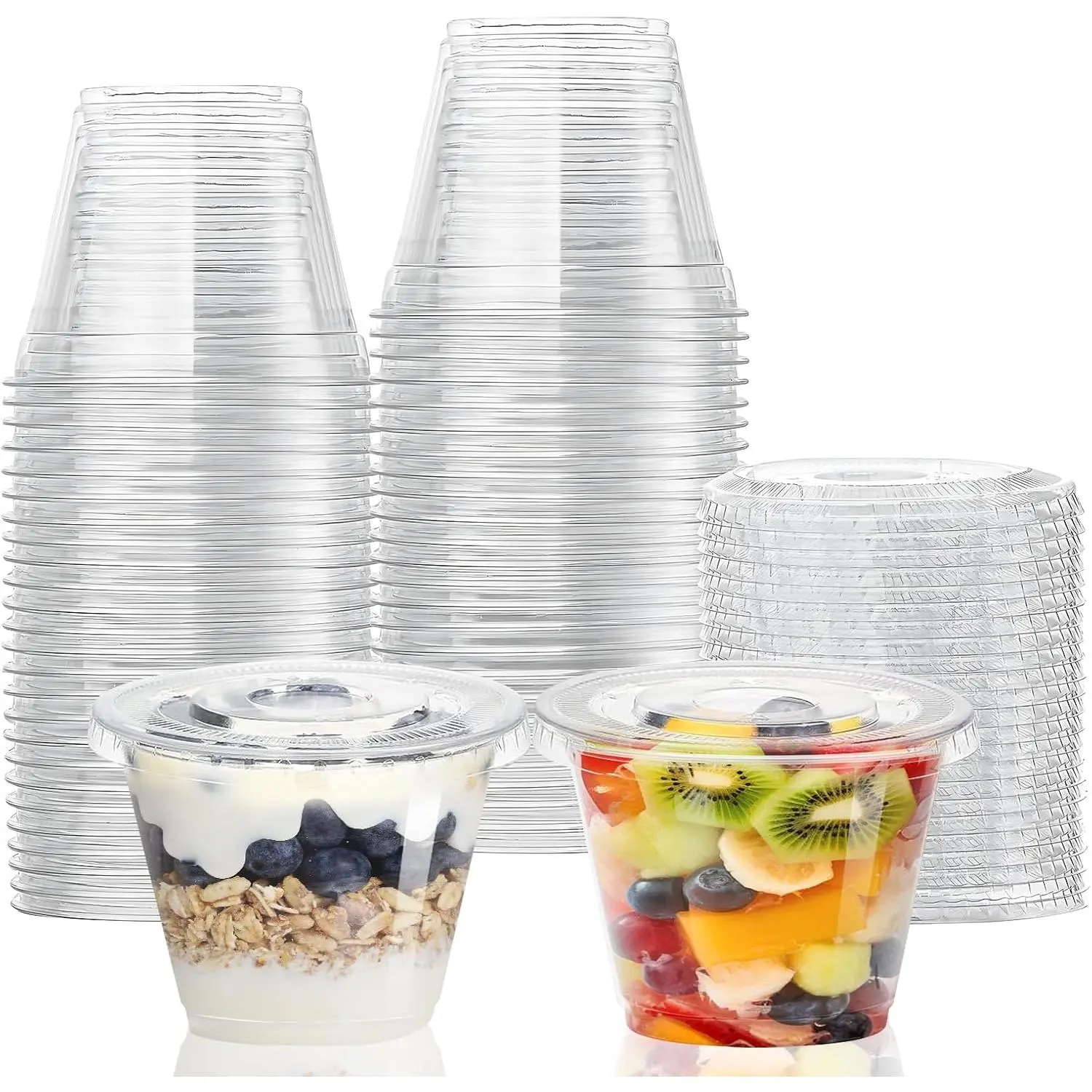 9 oz Clear Plastic Cups with Flat Lids No Hole, 50 Packs, Disposable Dessert Cups with Lids for Ice Cream, Cake, Snacks, Fruit, Cold Drinks, Smoothie, Pudding, Salad