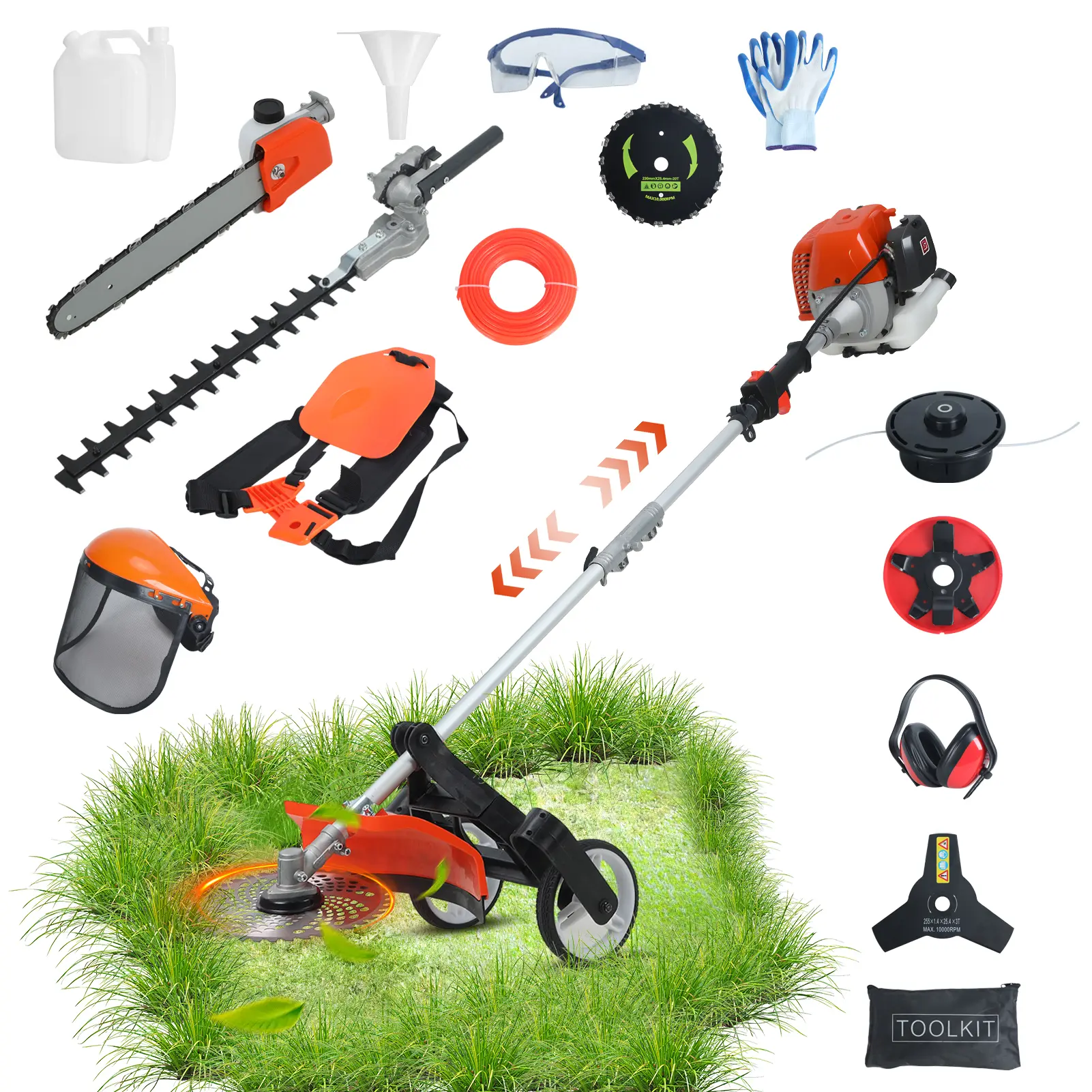 8-in-1 Multi-Functional Trimming Tool, 52CC 2-Cycle Gas Powered Hedge Trimmer, Weed Eater, String Trimmer, Brush Cutter, Edger, Pole Saw Chainsaw Pruner with Extension Pole