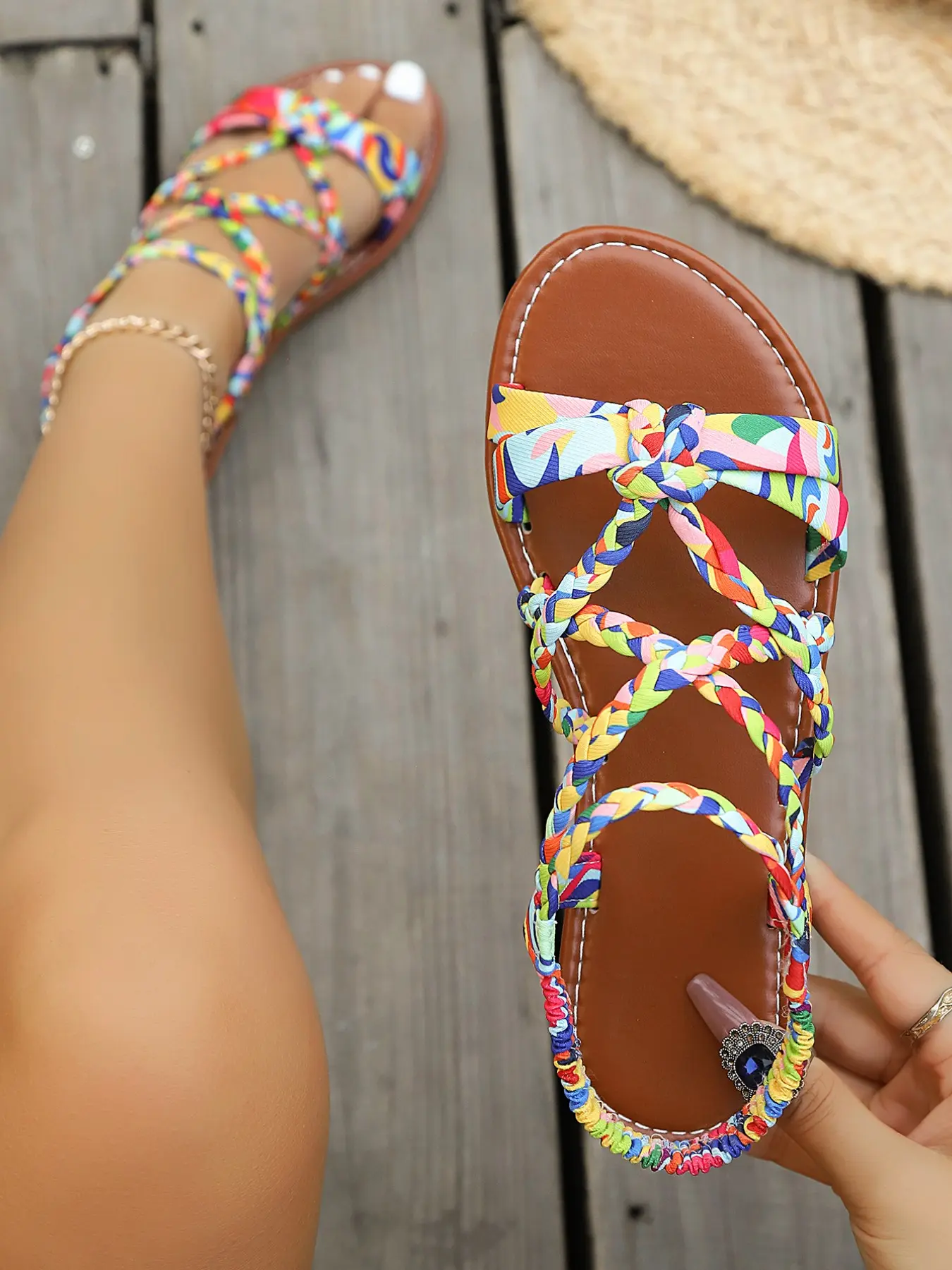Women's Fashion Bohemian Ethnic Flat Sandals, Braided Straps Multi-Buckle Design, Comfortable All-Day Wear, Perfect for Summer Events, Fashionable Flat Sandals