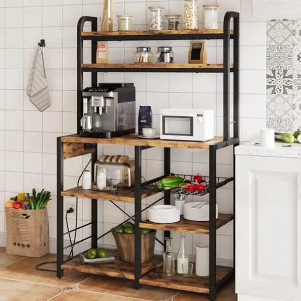 6-Tier Rustic Brown High-Strength Steel Freestanding Baker’s Rack - Indoor Furniture Shelf with Adjustable Legs, Built-In Power Outlet, Microwave Stand, Wire Drawer, Quick Set-Up, Assembly Required for Dining Room, Books Storage