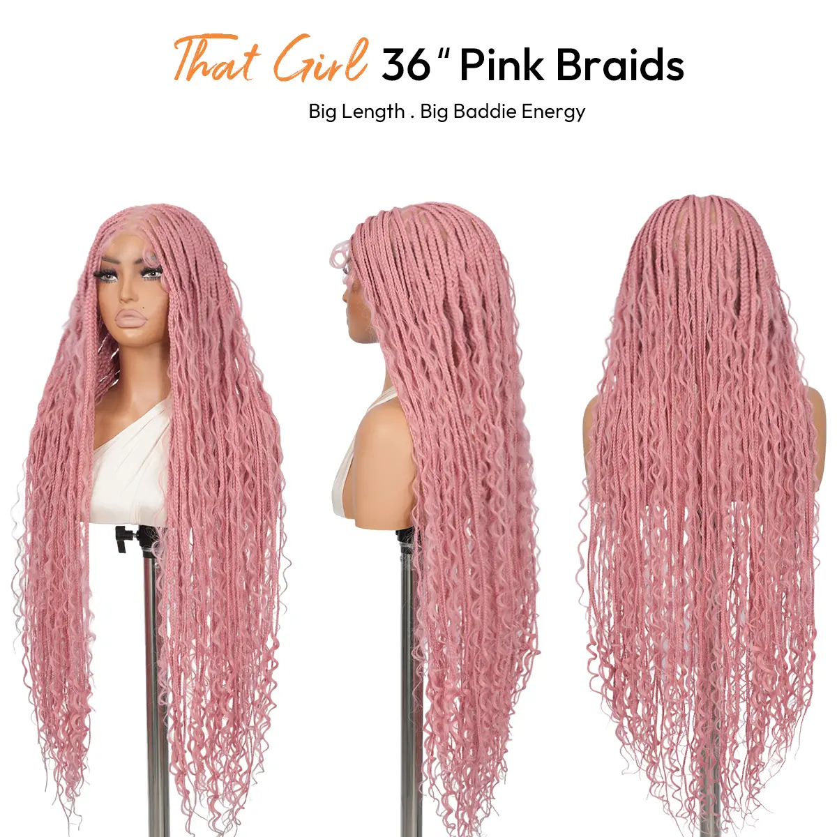 #Pink 36" Full Lace Bohemian Knotless Boho Box Braided Wig – Barbie Pink SuperNova, Lightweight, Breathable, Natural Look, Long-Lasting & Easy to Maintain Knotless Boho Wig Glueless Lace Wig