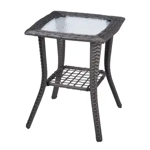 Outdoor Wicker Side Table with Glass Top - Rattan End Table, Water Ripple Tempered Glass & Lower Shelf for Patio, Garden, Balcony