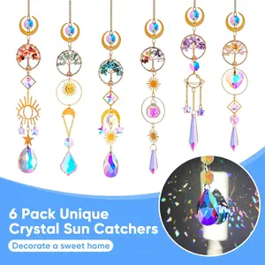 Set of 6 Hanging Prism Catchers for Garden and Windows — Rainbow Prism Catchers with Amethyst, Yellow Quartz, Red Jasper, Green Agate, Malachite, and Healing Crystal for Home Decor