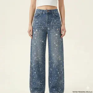 TCH Starry Night Denim Baggy Jeans Hot Diamond Design Indie Sleaze Revival Acid Wash 90s #WideLegAesthetic#Greenish #TikTokShopSpringGlowUp