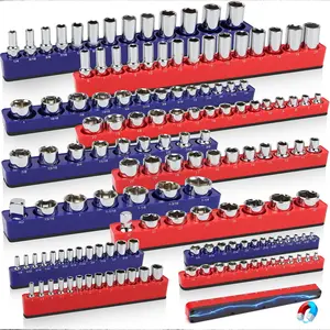 Magnetic Socket Organizer,12-Piece 1/4" 3/8" 1/2"-Drive SAE & Metric Magnetic Socket Organizer Set (Holds 143 Sockets) - Red & Blue Detachable Tool Tray with 5mm Magnetic Base for Garage/Home(Sockets Not Included)
