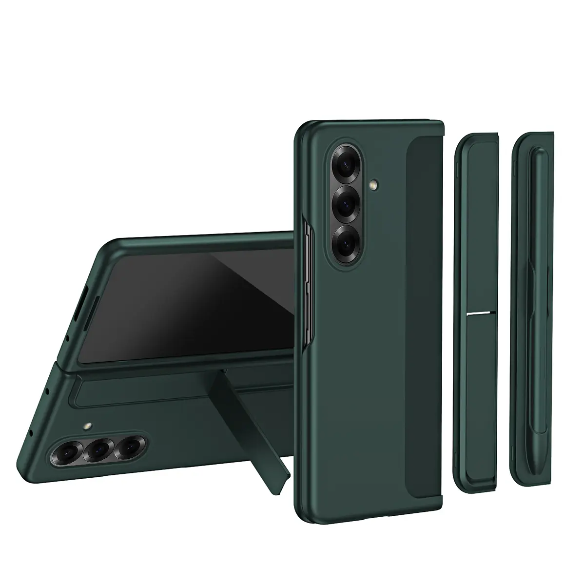 Multi-Model 2-in-1 Folding Smartphone Casing with Detachable Stand, S Pen Holder - Full-Body Shockproof Protection Accessories for Galaxy Z Fold 3/4/5/6/7 (Green), With Holder