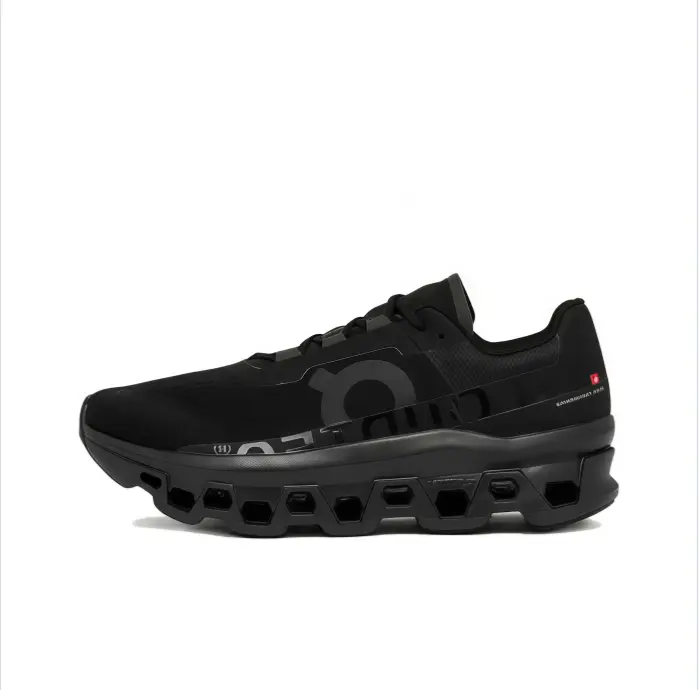 Road running shoes all black mesh upper tonal big logo black chunky hollow midsole stealth design impact absorption cushion lightweight jogging gym training unisex sport footwear