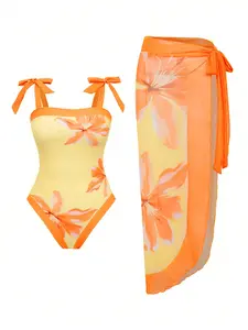 Viral Orange Floral One-Piece Swimsuit with Matching Sarong Cover-Up - 2026 Summer Beach Set