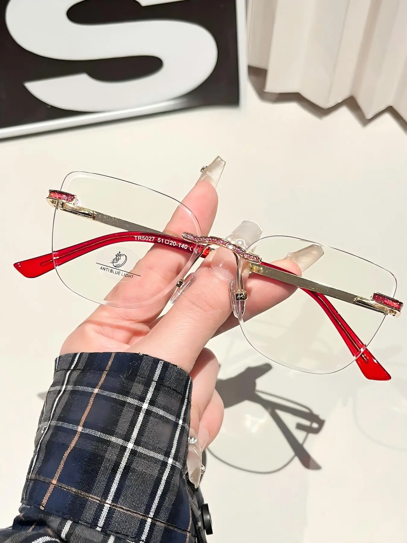 Frameless Beveled Flat Mirror Women's Glasses, Face-Slimming Retro Pure Desire Style, Color Powder Decoration, Plain Light Glasses, Trendy Vintage Eyeglasses, Fashion Eyeglasses
