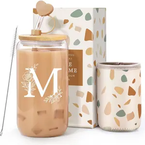 Personalized Gifts for Women, Monogrammed Gifts for Women, Initial 16 oz Glass Cups With  and Straws, Customized Mug, Personalized Birthday Gifts Christmas Gifts for Her Mom  Woman, M